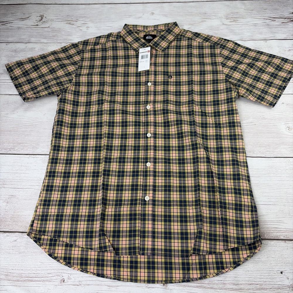 New Quiksilver Men's L Everyday Check Classic SS Button Up Shirt Pink Blue Plaid